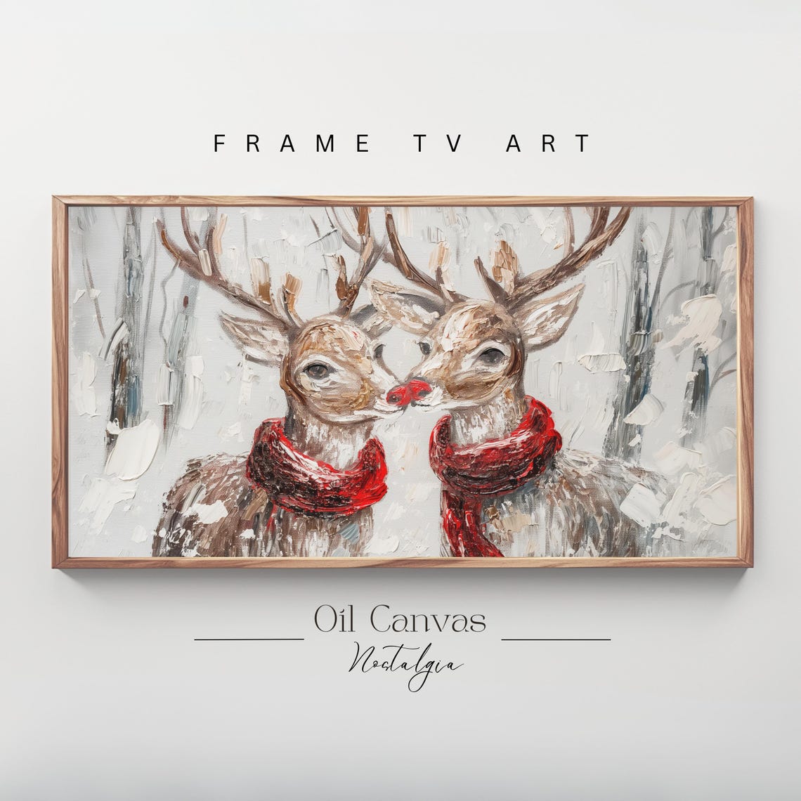 Sweet Deer Couple Red Scarves Snowy Forest Christmas Holiday Wall Art