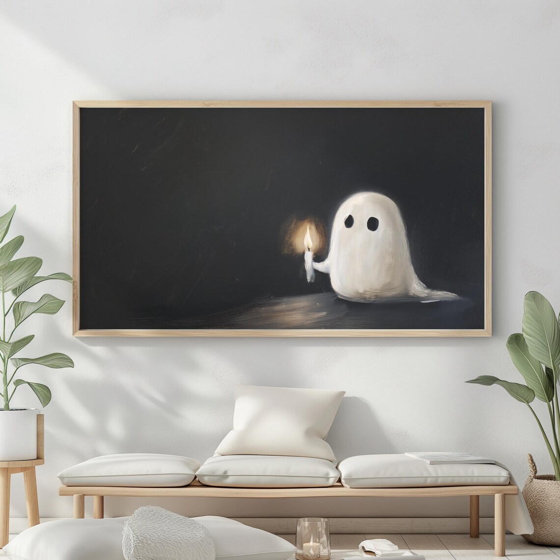 Cute Ghost Holding Candle Dark Minimalist Halloween Spooky Art Poster - Image 2