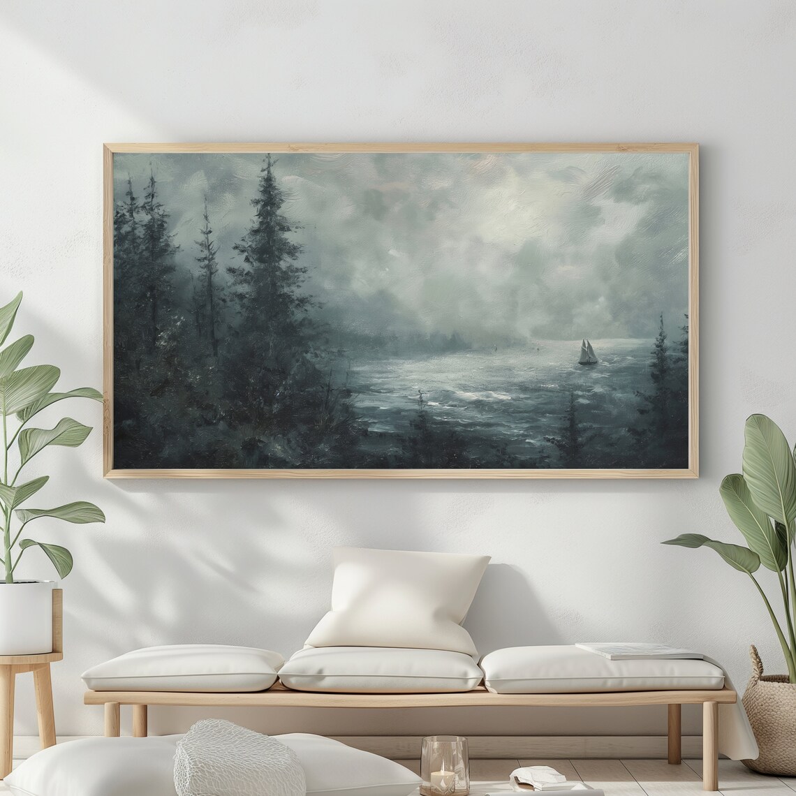 Frame Tv Art Abstract Sea Moody Oil Painting Lakehouse Decor Landscape Blue Nautical Seascape - Image 2
