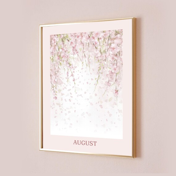 August Pink Cherry Blossom Soft Watercolor Floral Art Poster