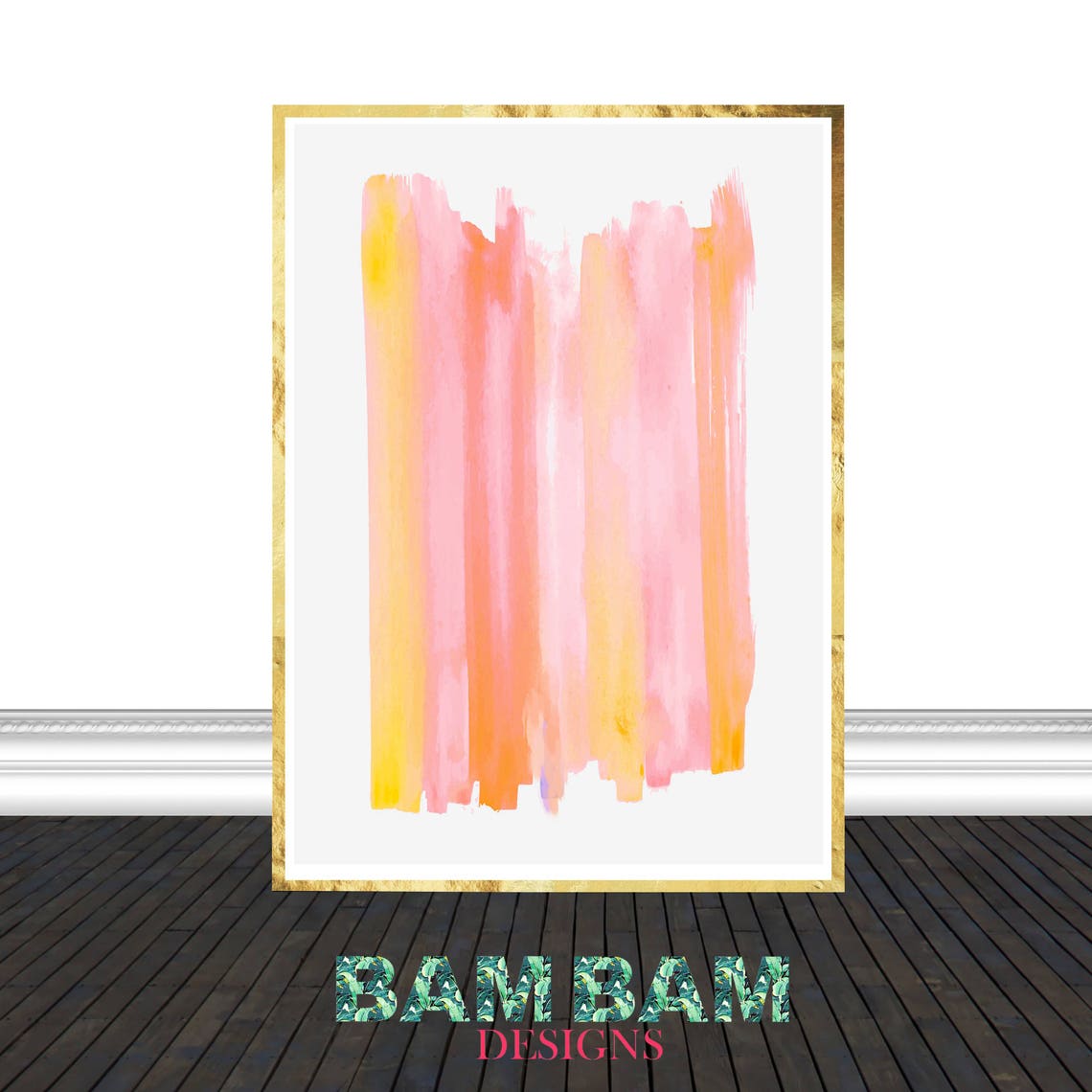Pink Orange Watercolor Brushstroke Vertical Abstract Modern Art Print - Image 2