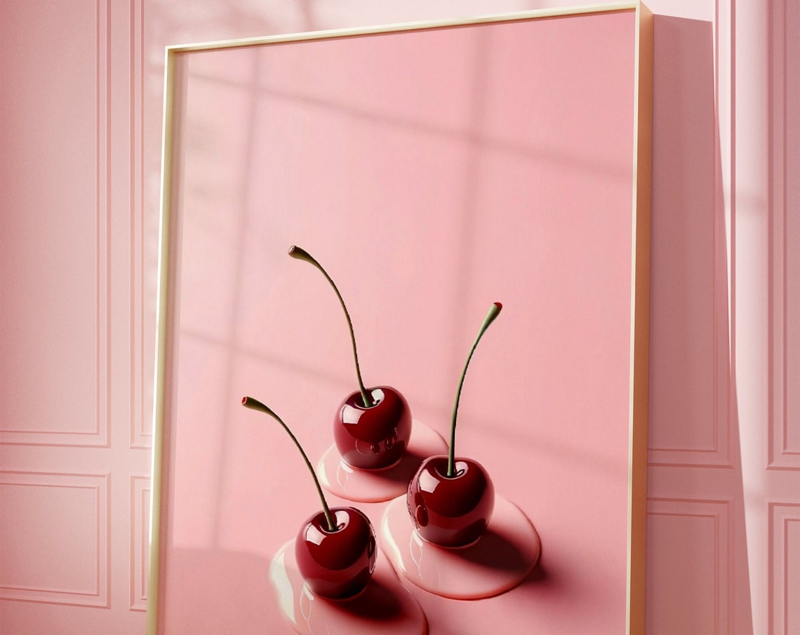Cherry Poster Cherry Print Retro Wall Art Artwork Chic Retro Art Funky Pink Wall Art Trendy Wall Art