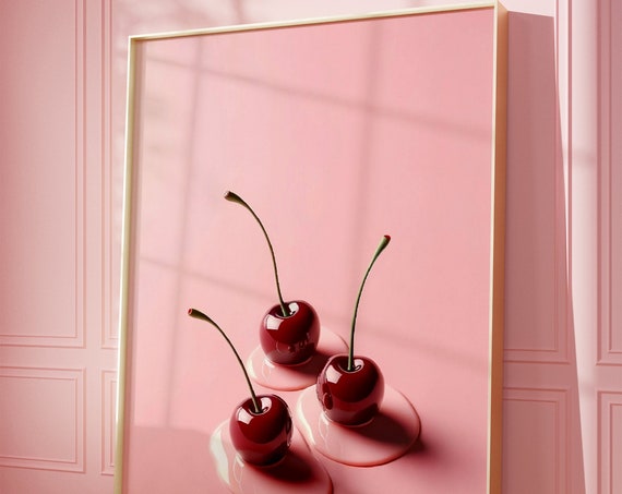Cherry Poster Cherry Print Retro Wall Art Artwork Chic Retro Art Funky Pink Wall Art Trendy Wall Art