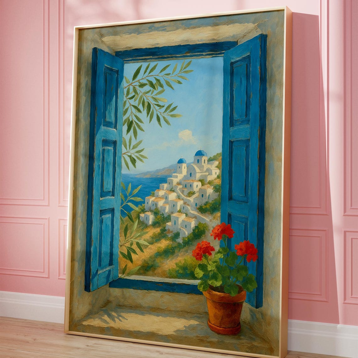Blue Shutters Santorini Greece View Mediterranean Window Poster