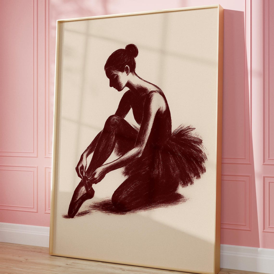 Graceful Ballerina Tying Pointe Shoe Sketch Elegant Dance Poster