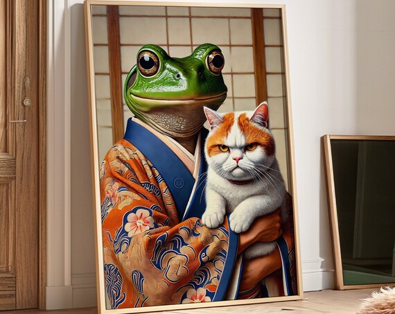 Smiling Frog in Japanese Kimono Holding Grumpy Orange Cat Funny Animal Poster
