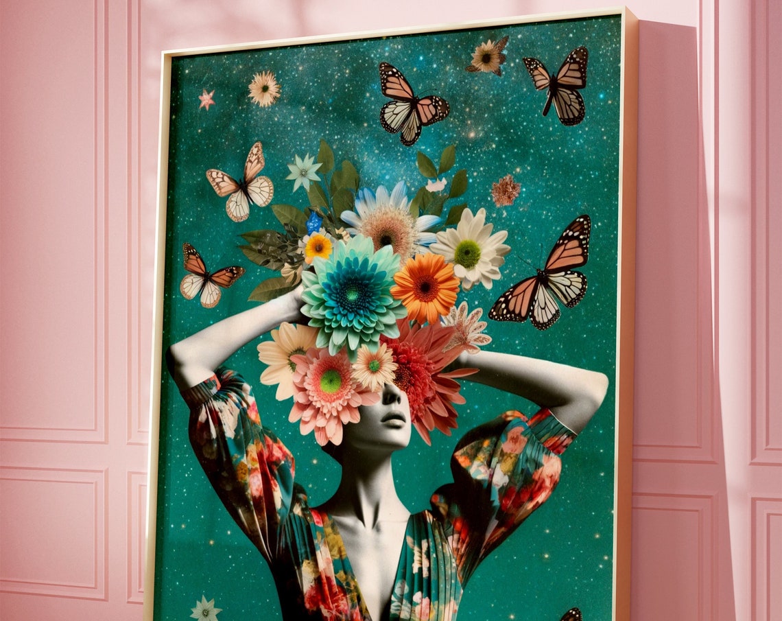 Mystic Garden Floral Butterfly Monarch Bloom Maximalist Collage Print