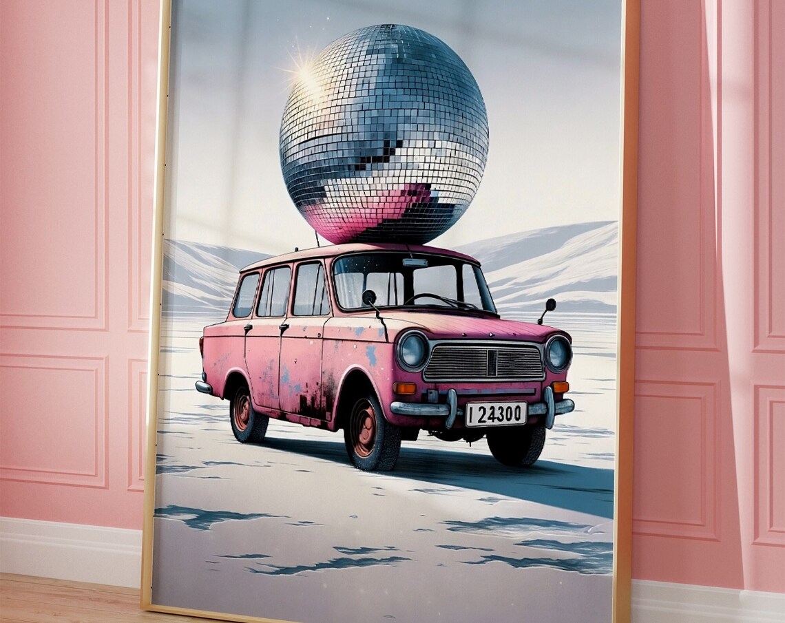 Pink Retro Car Giant Disco Ball Roof Snowy Road Scene Poster