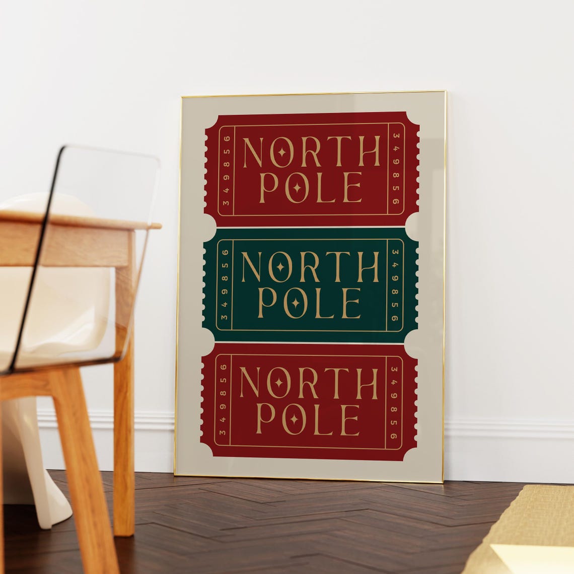 North Pole Ticket Red Green Gold Vintage Christmas Stub Trio Poster - Image 2