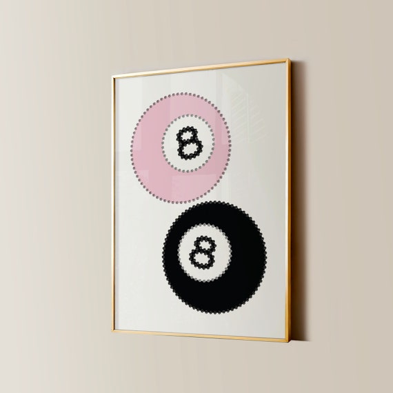 Trendy 8 Ball Print Retro Lucky Girl Poster Funky Y2k Aesthetic Apartment Decor Rhinestone Pool Ball Pink And Black Bedroom Wall Art