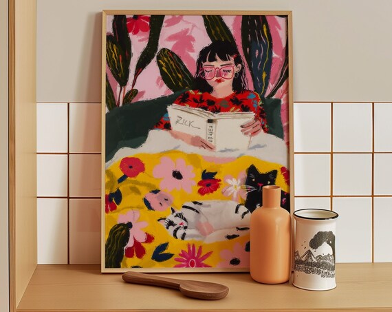 Woman Reading In Bed With Two Cats Cozy Book Lovers Art Poster