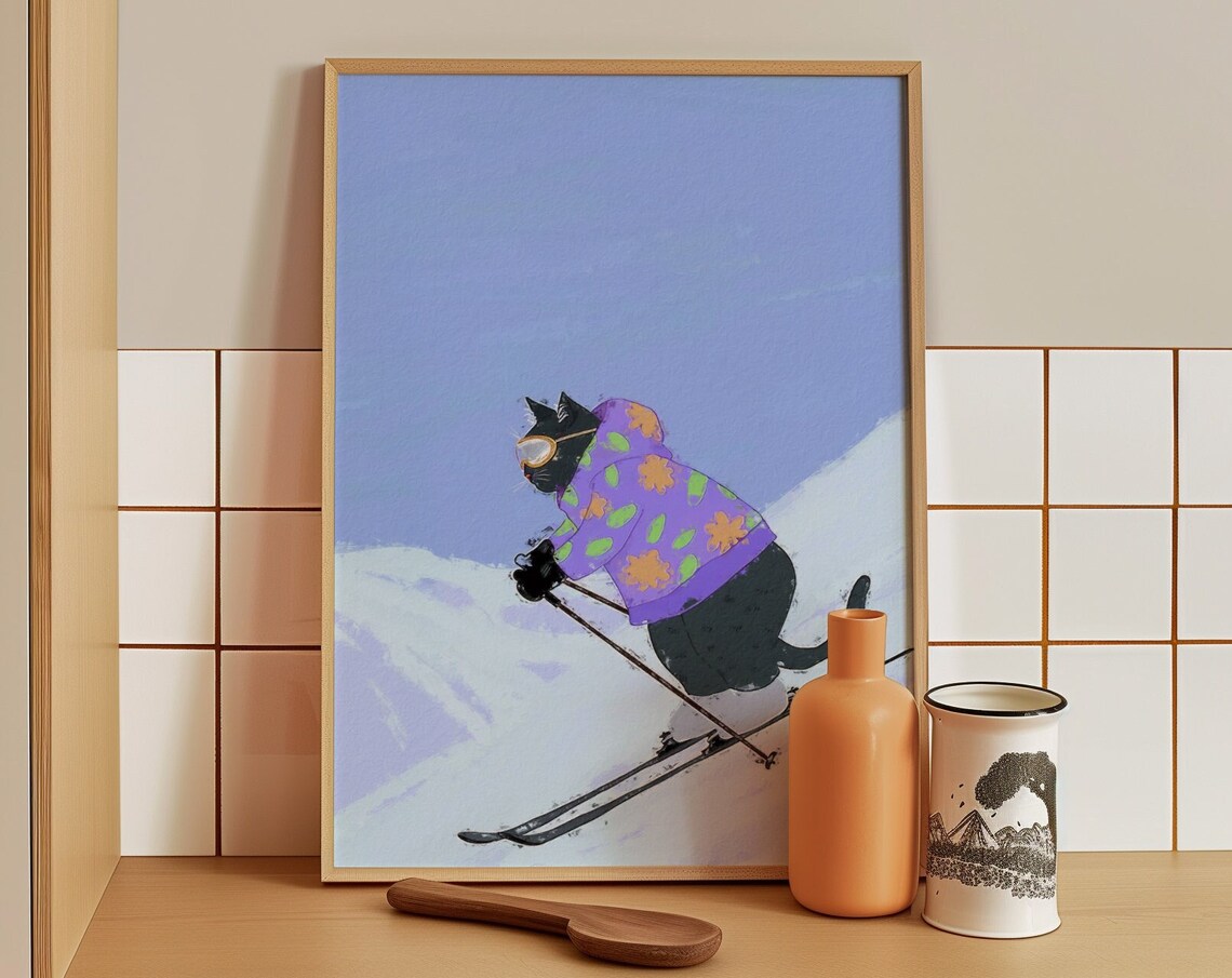 Black Cat Skiing Downhill In Purple Floral Jacket Winter Sports Art Poster