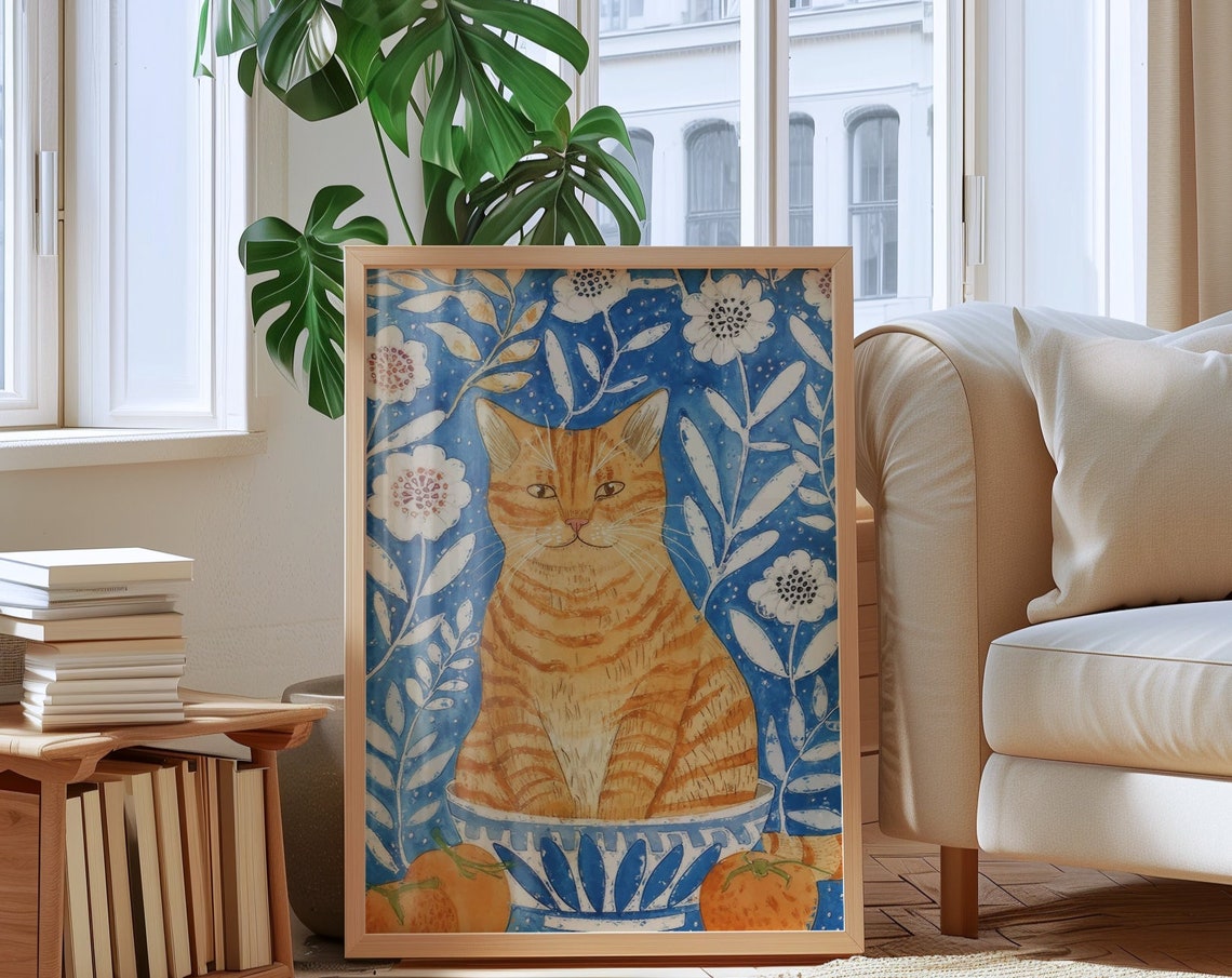 Ginger Tabby Cat On Blue Floral Botanical Background Art Poster