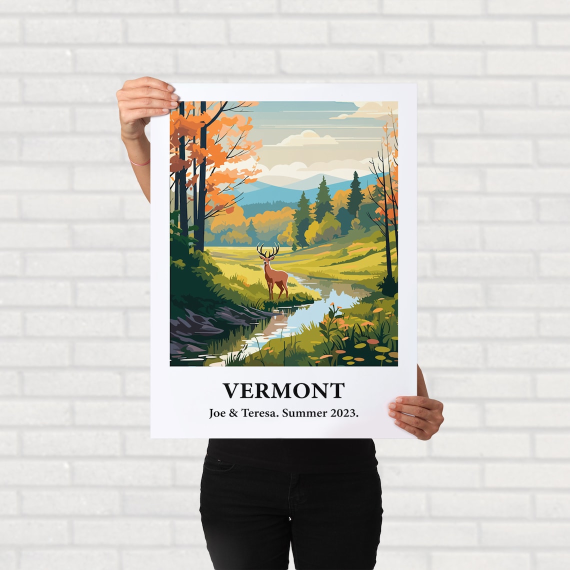 Vermont Deer Stream Autumn Forest Vintage Style Travel Art Poster