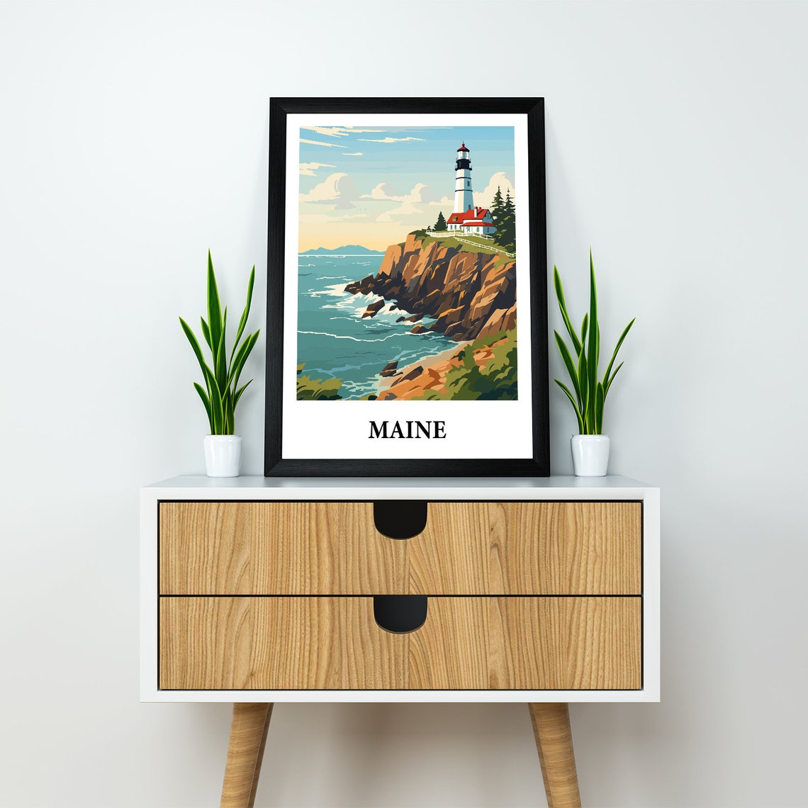 Maine Lighthouse Ocean Cliffs Vintage Style Travel Art Poster - Image 2