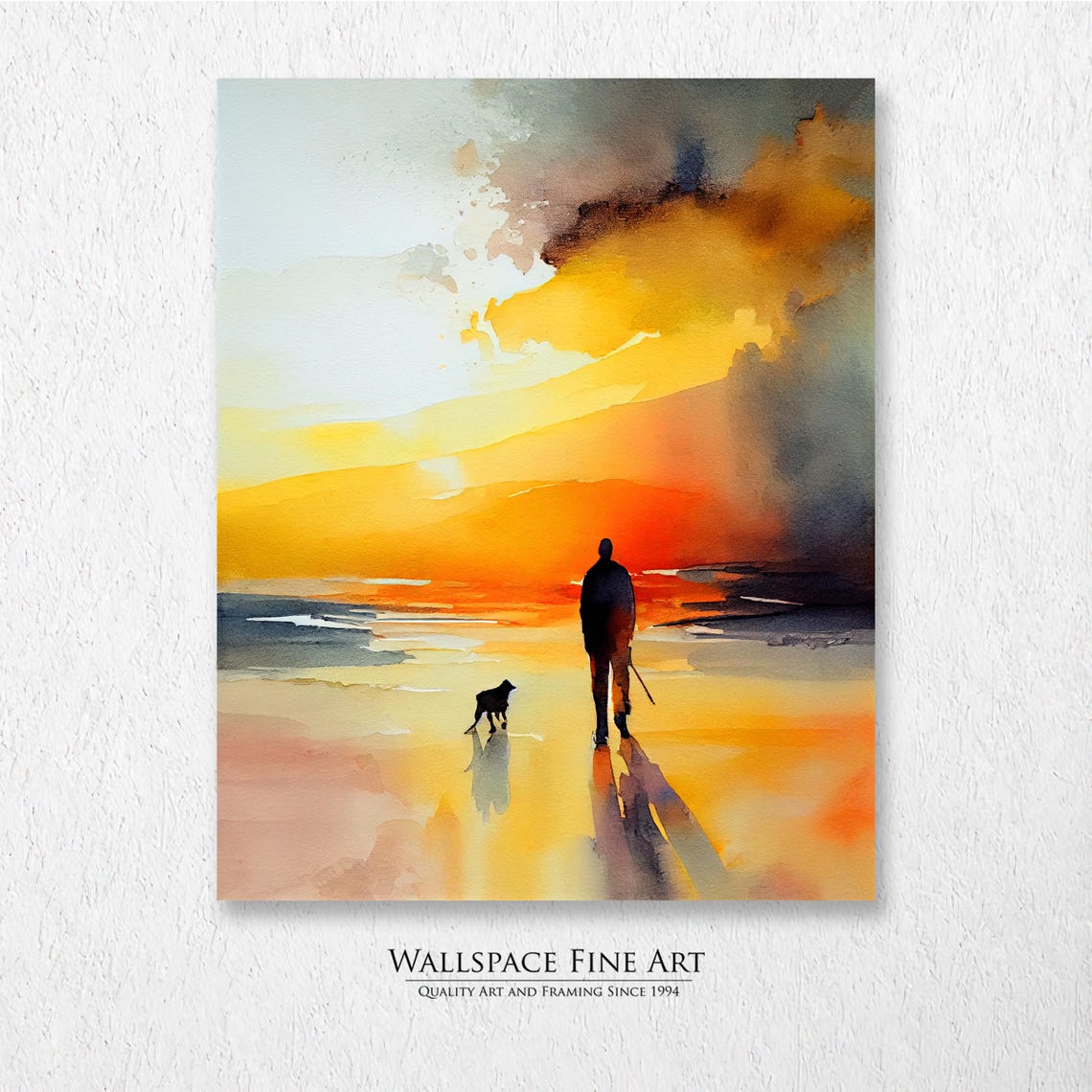Sunset Beach Walk With Dog Watercolor Silhouette Painting Poster