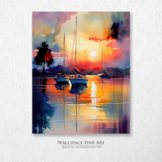 Sailboats At Dusk Watercolor Pink Sunset Harbor Reflections Wall Art