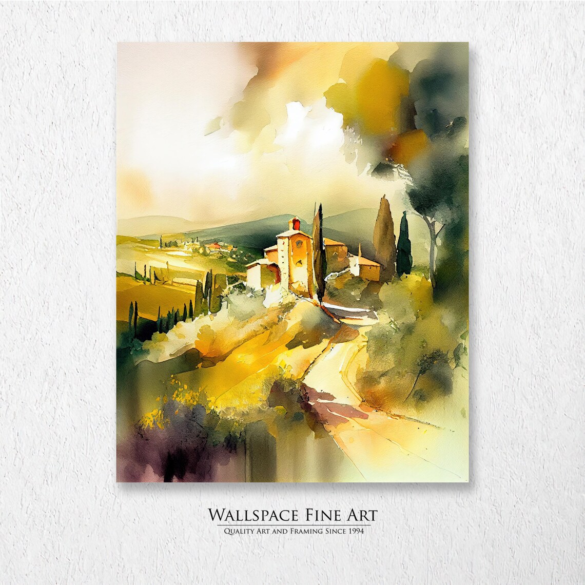 Tuscan Villa Golden Hills Watercolor Italian Countryside Art Poster