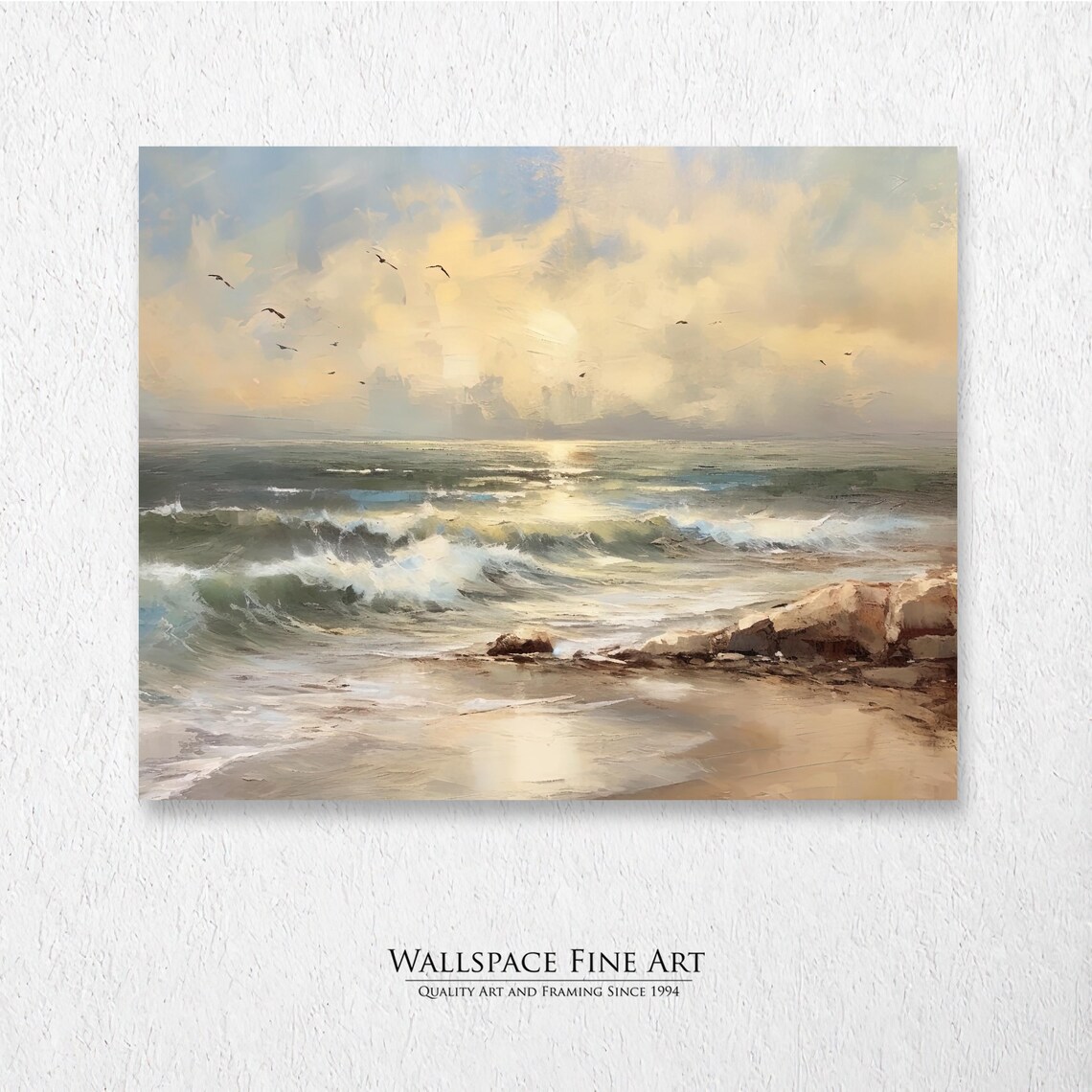 Golden Sunset Ocean Waves Seashore Oil Painting Style Poster