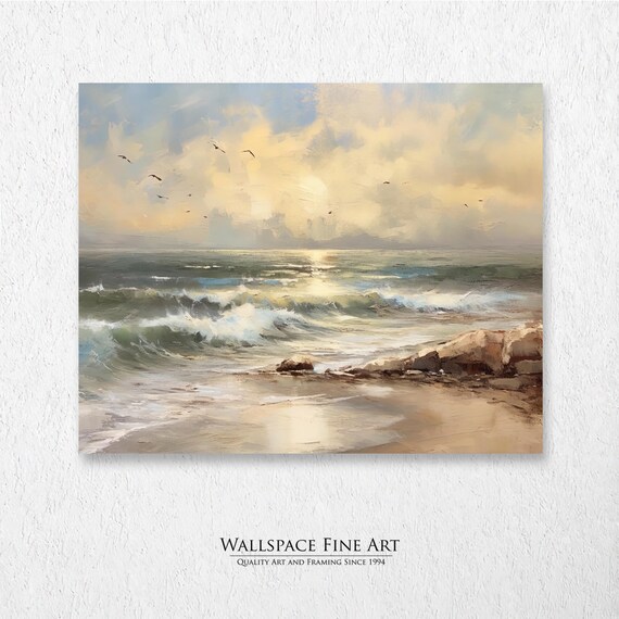 Golden Sunset Ocean Waves Seashore Oil Painting Style Poster