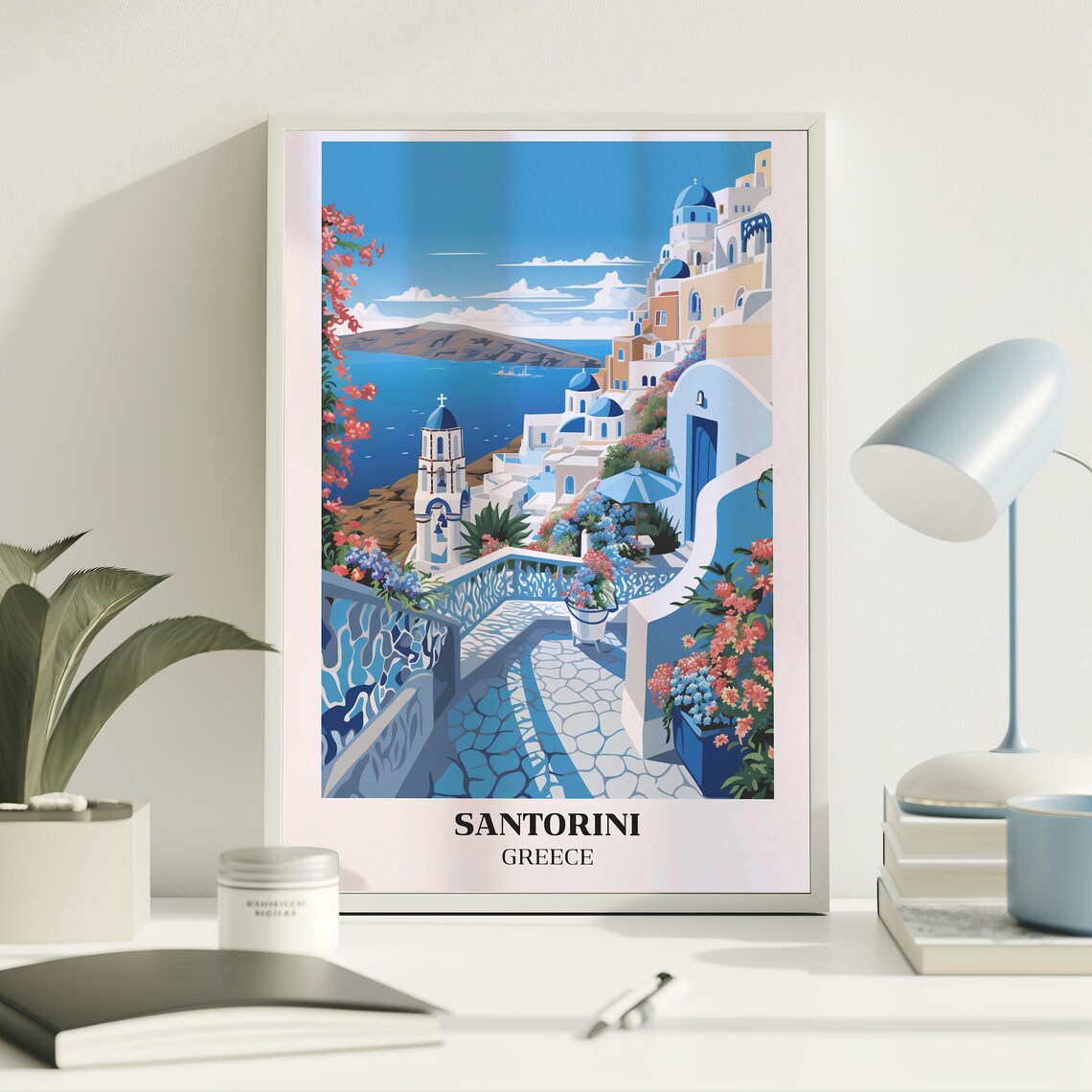 Santorini Greece Blue Domed Churches Flower Stairway Aegean Sea Poster - Image 4