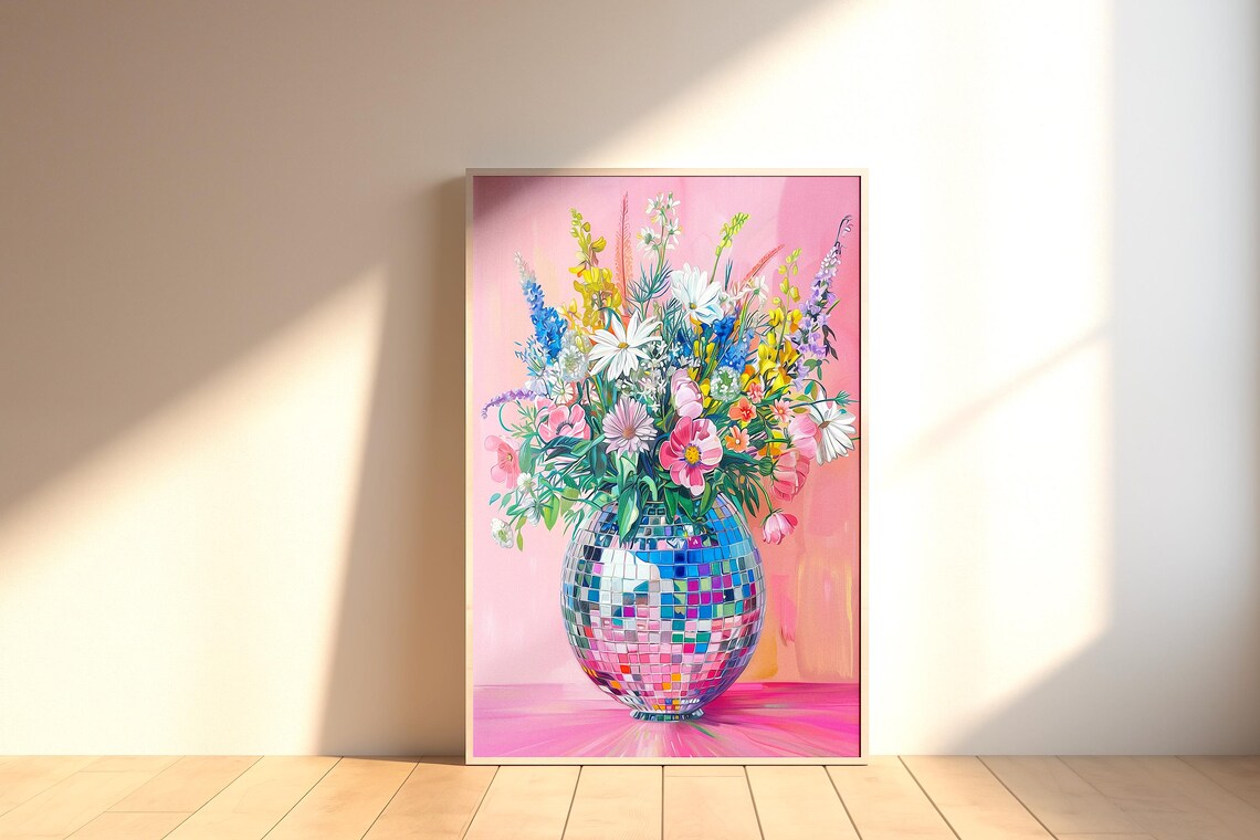 Disco Ball Vase Wildflowers Maximalist Pink Floral Art Poster - Image 2