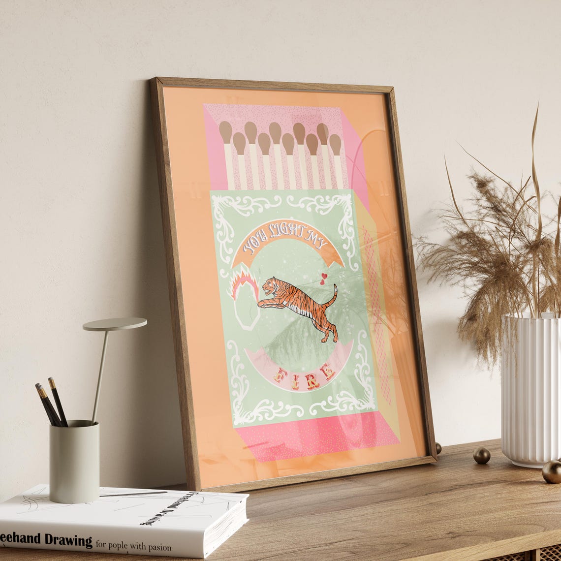 You Light My Fire Orange Matchbox Leaping Tiger Retro Art Poster
