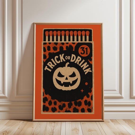 Retro Halloween Poster Trick Or Drink Funny Pumpkin Party Wall Art