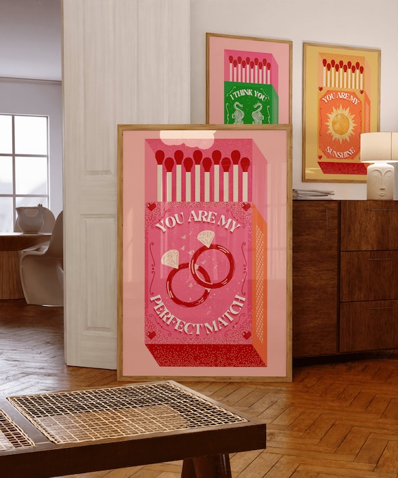 You Are My Perfect Match Retro Print Tiger Poster Vintage Art Pink Matchbox Contemporary Wall Decor