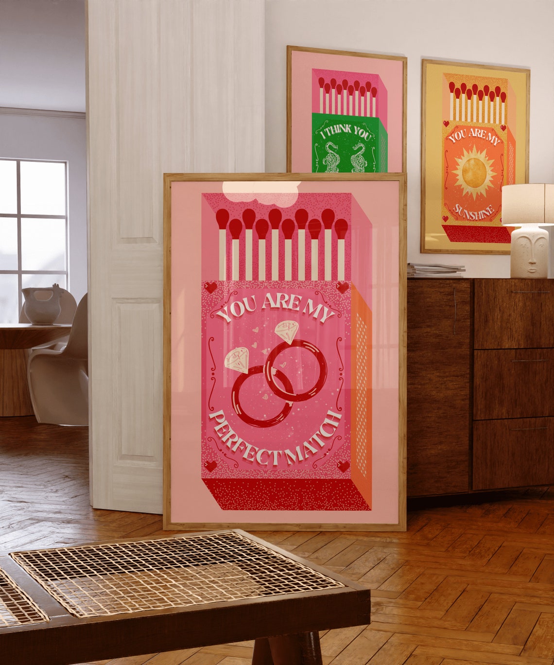 You Are My Perfect Match Pink Matchbox Rings Retro Love Wall Print