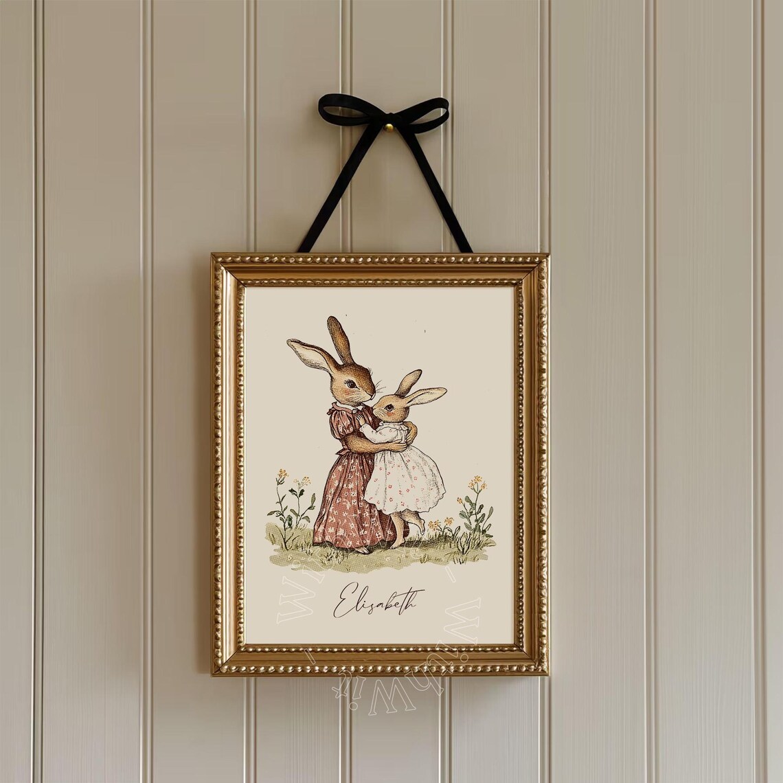 Vintage Bunny Mother and Child Custom Name Nursery Wall Print - Image 4