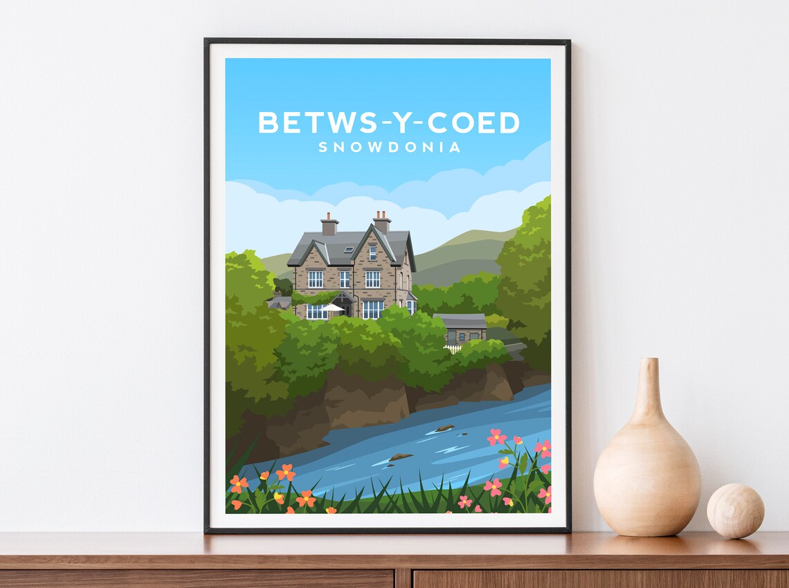 Betws y Coed Stone House and River Snowdonia Wales Travel Poster