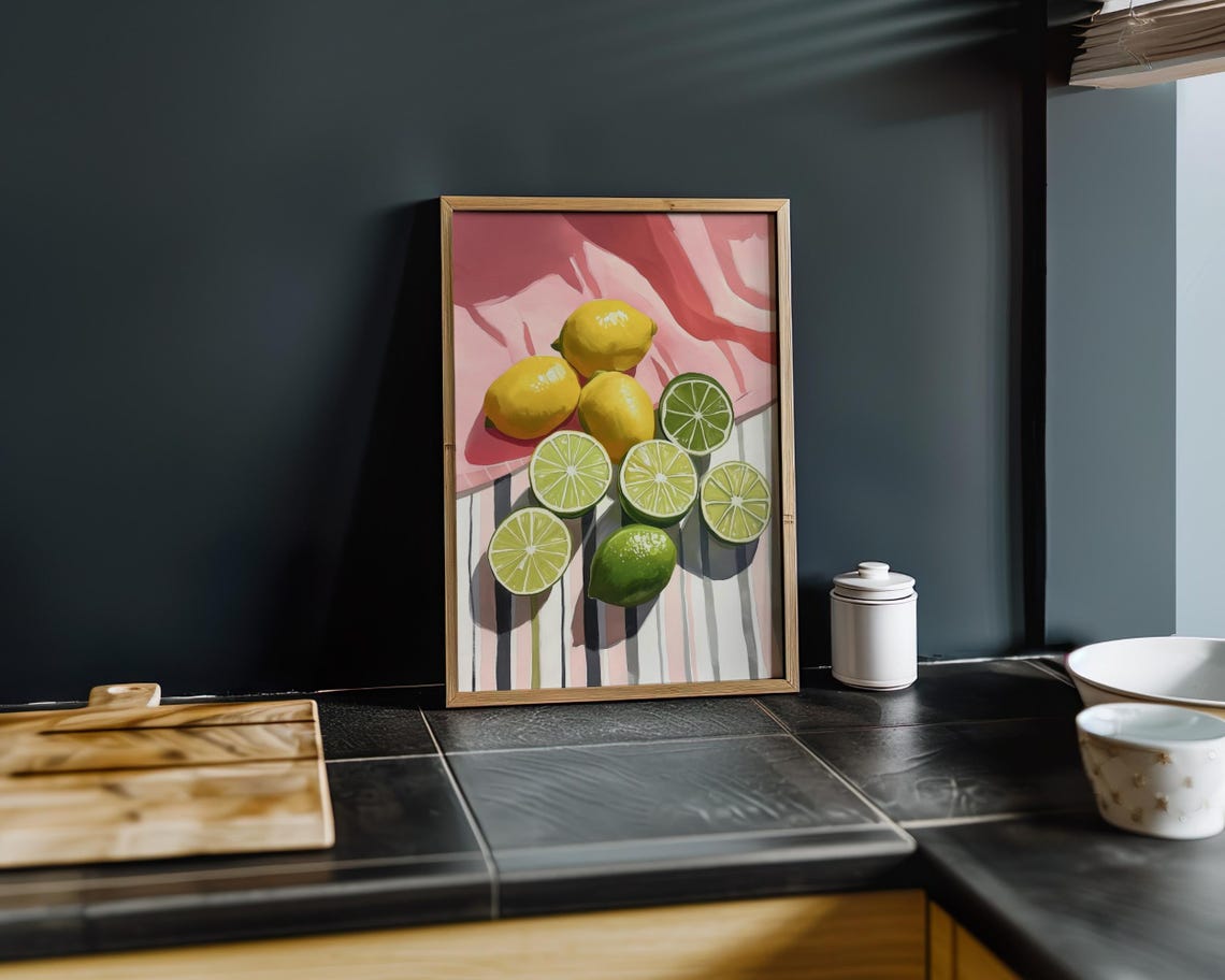 Lemons Limes Still Life Striped Cloth Kitchen Fruit Art Poster - Image 8