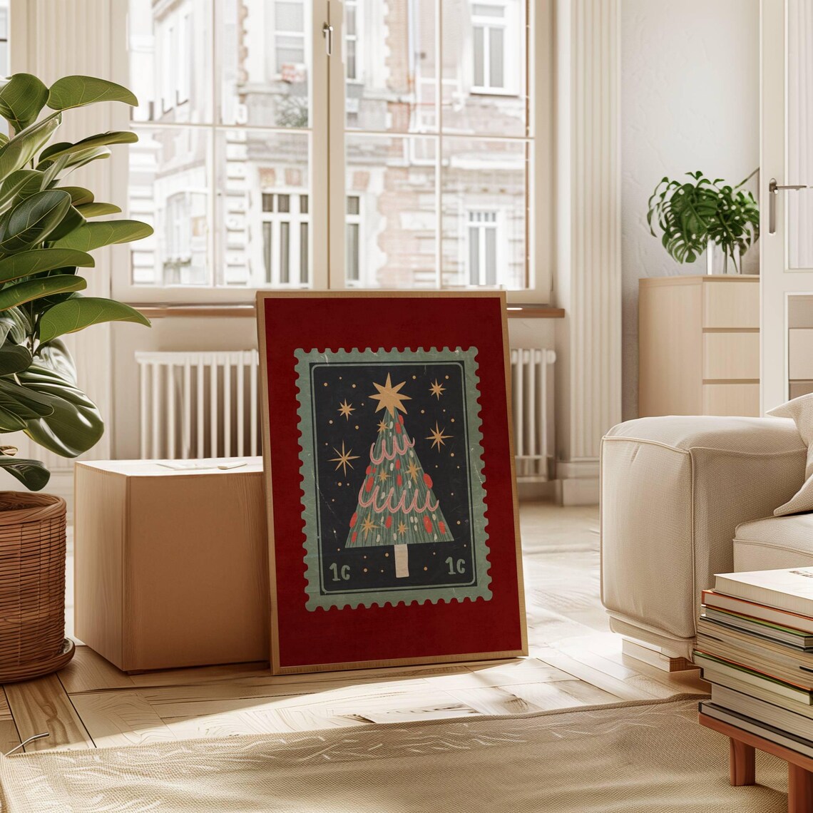 Vintage Christmas Tree Postage Stamp Art Red Retro Holiday Poster - Image 4