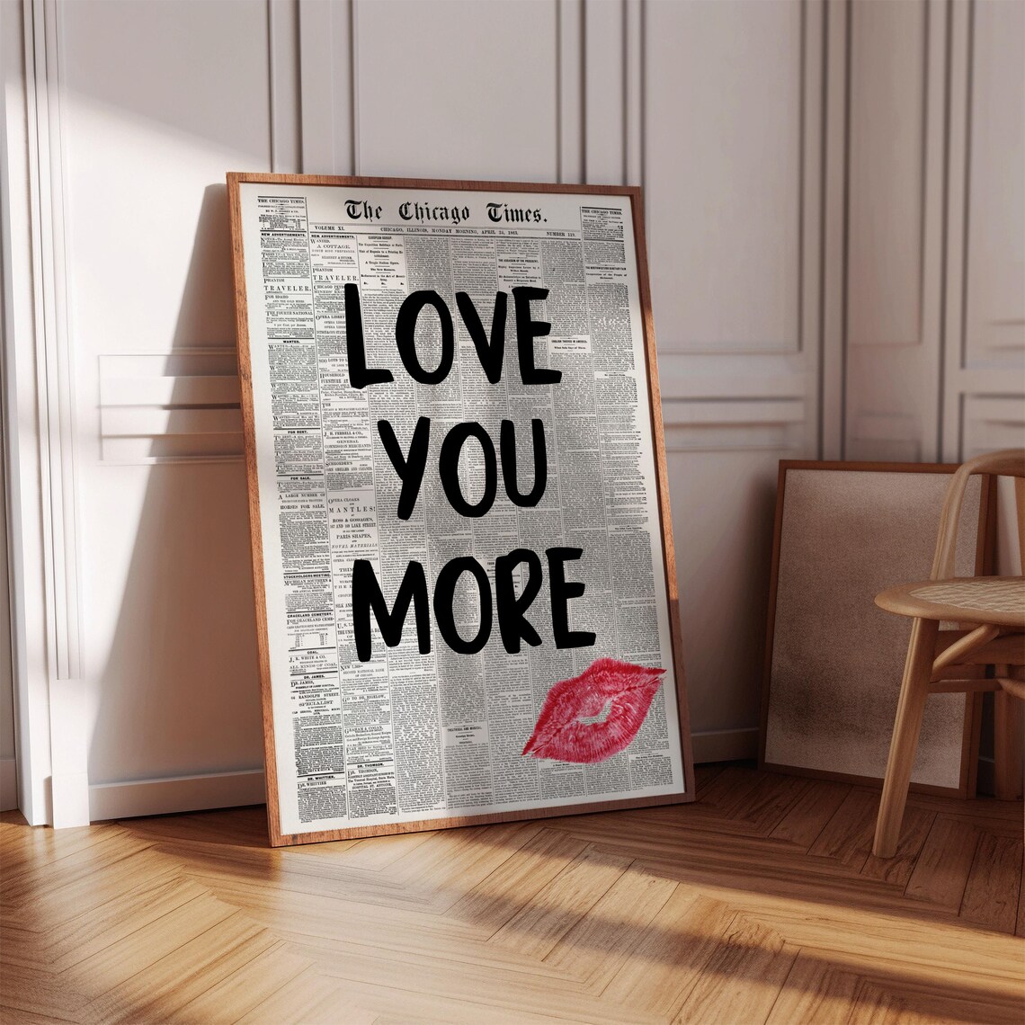 Love You More Vintage Chicago Times Newspaper Red Lips Poster - Image 5