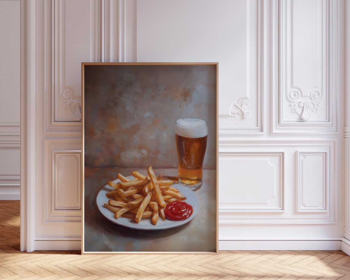 French Fries Beer Ketchup Oil Painting Style Food Still Life Poster - Image 3