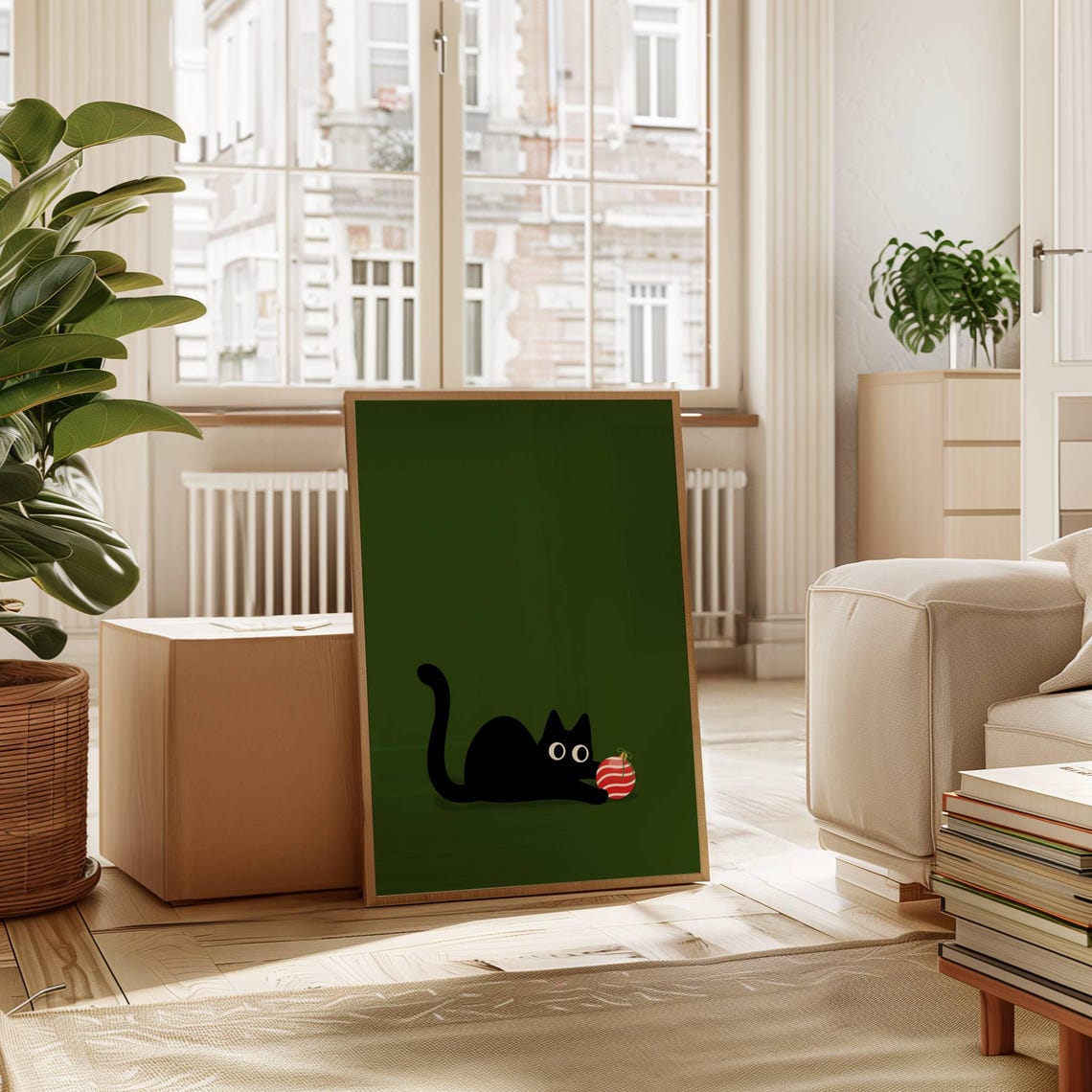 Christmas Cat Black Cat Plays Ornament Green Funny Holiday Poster - Image 7