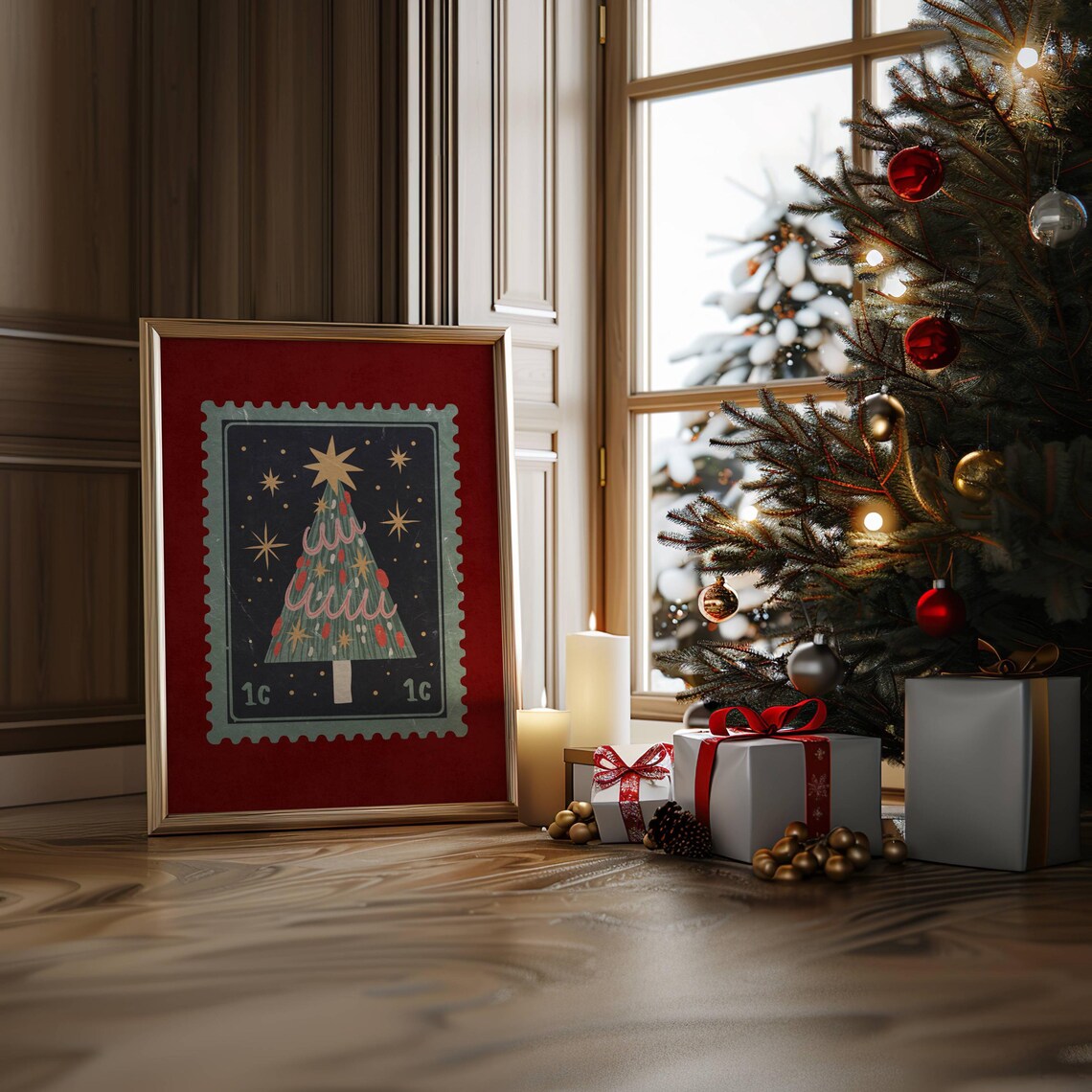 Vintage Christmas Tree Postage Stamp Art Red Retro Holiday Poster - Image 3