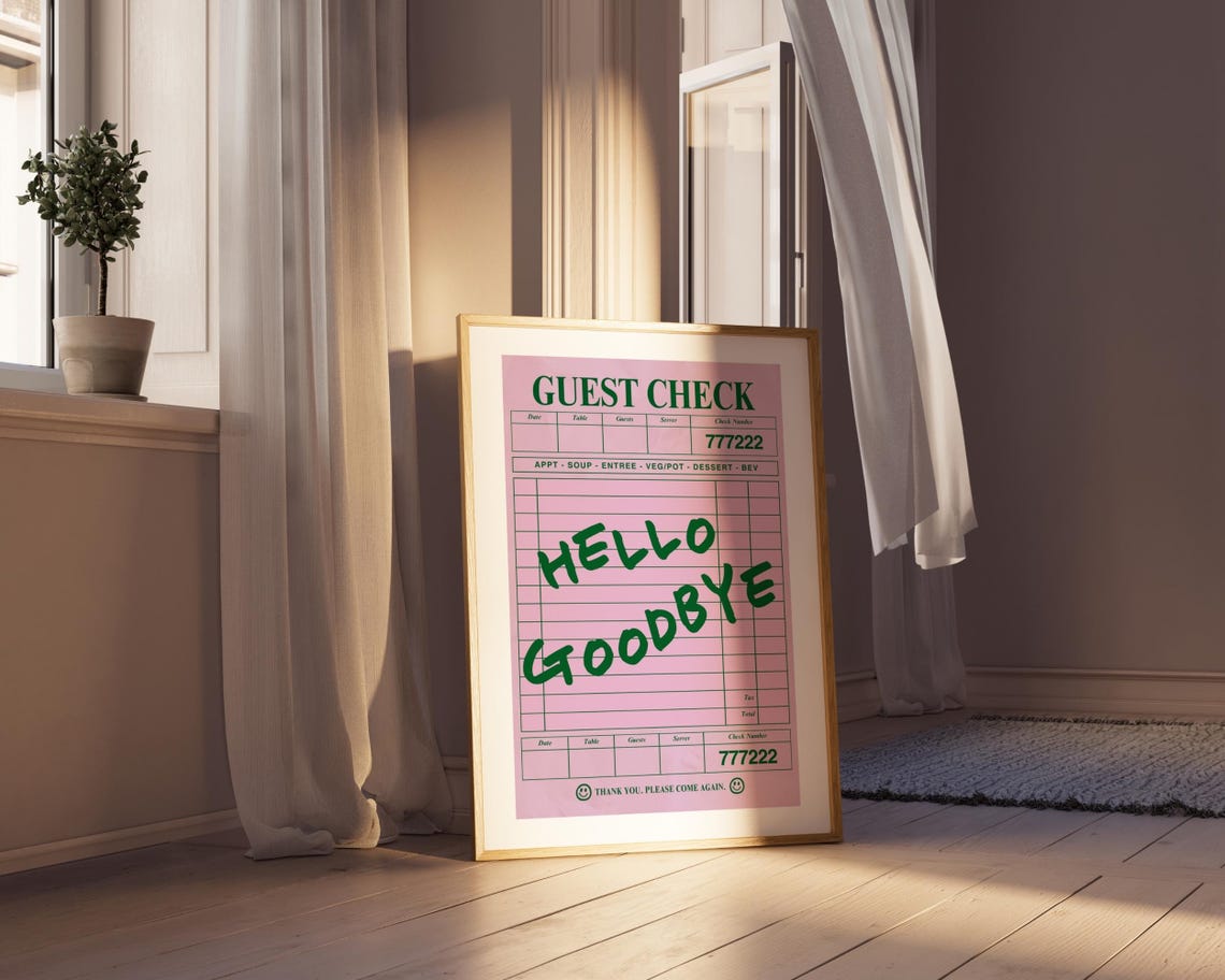 Hello Goodbye Pink Green Guest Check Retro Trendy Quote Poster - Image 7