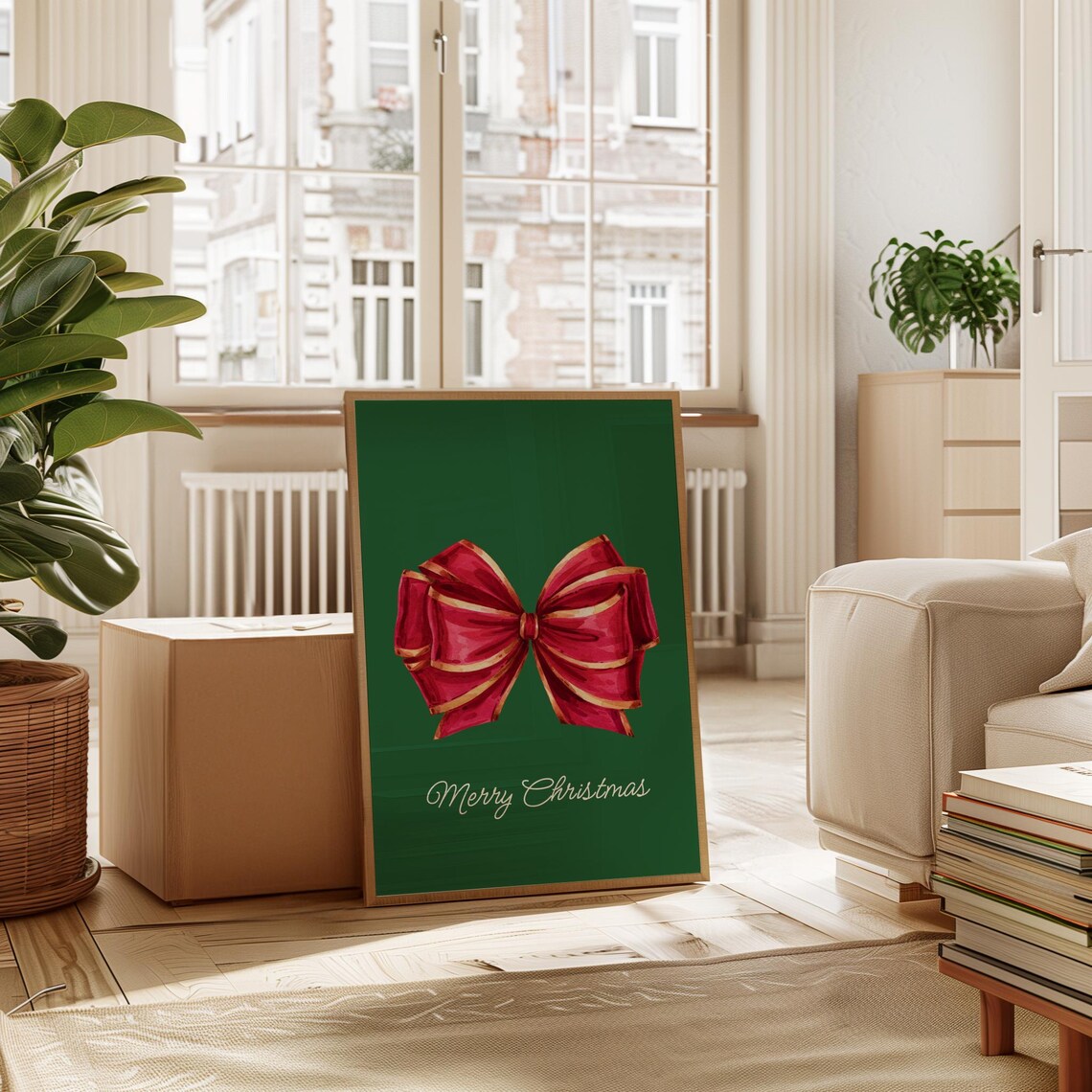 Merry Christmas Red Gold Bow Green Background Holiday Poster - Image 7