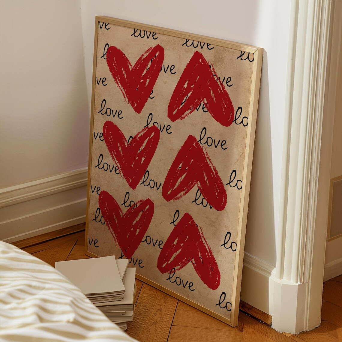 Love You Red Brushstroke Hearts Kraft Paper Retro Love Poster - Image 3
