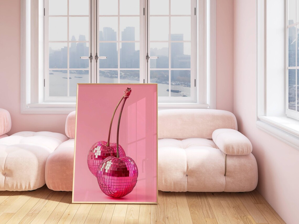 Pink Disco Ball Cherries Mirrorball Maximalist Funky Wall Art Poster - Image 3