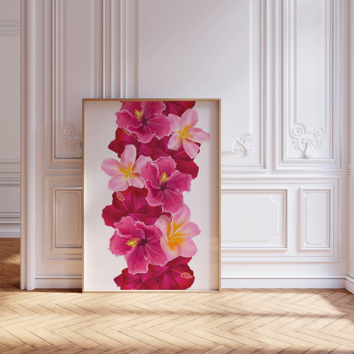 Hibiscus Plumeria Flower Garland Tropical Pink Floral Art Print Poster - Image 3