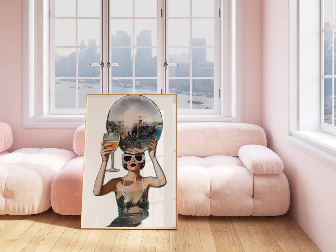 Disco Ball Head Woman Wine Glass Sunglasses Preppy Dorm Room Poster