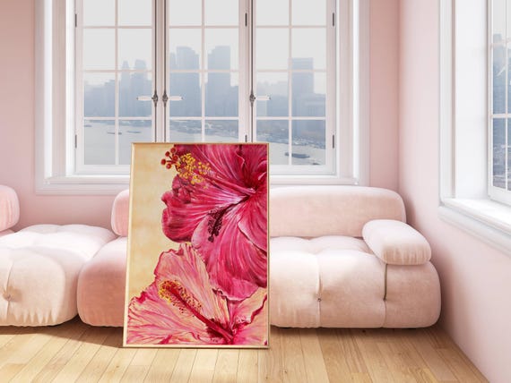 Hibiscus Flower Hawaiian Art Print Decor Funky Wall Art Retro Art Print Preppy Room Decor Pink Maximalist Decor