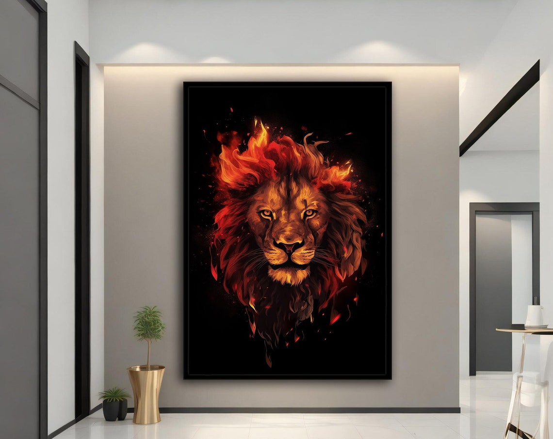 Fiery Lion Burning Mane Black Background Bold Wall Art Poster