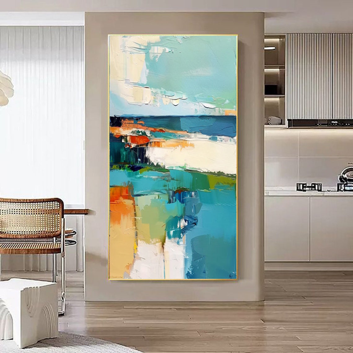 Teal Orange Abstract Landscape Blocks Vertical Painting Poster - Image 5