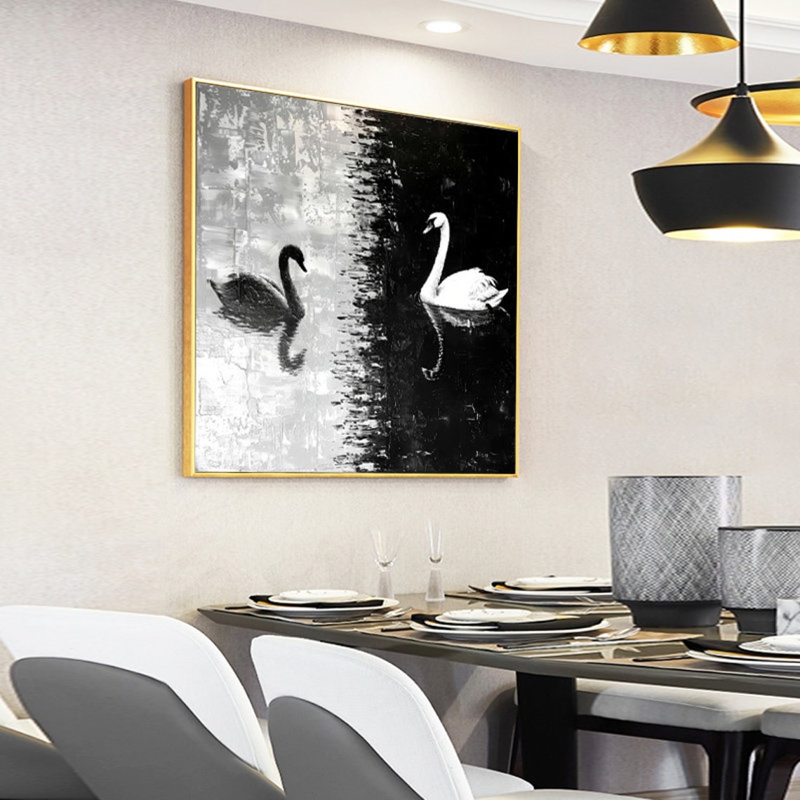 Black and White Swans Gliding on a Moonlit Lake Square Poster - Image 6