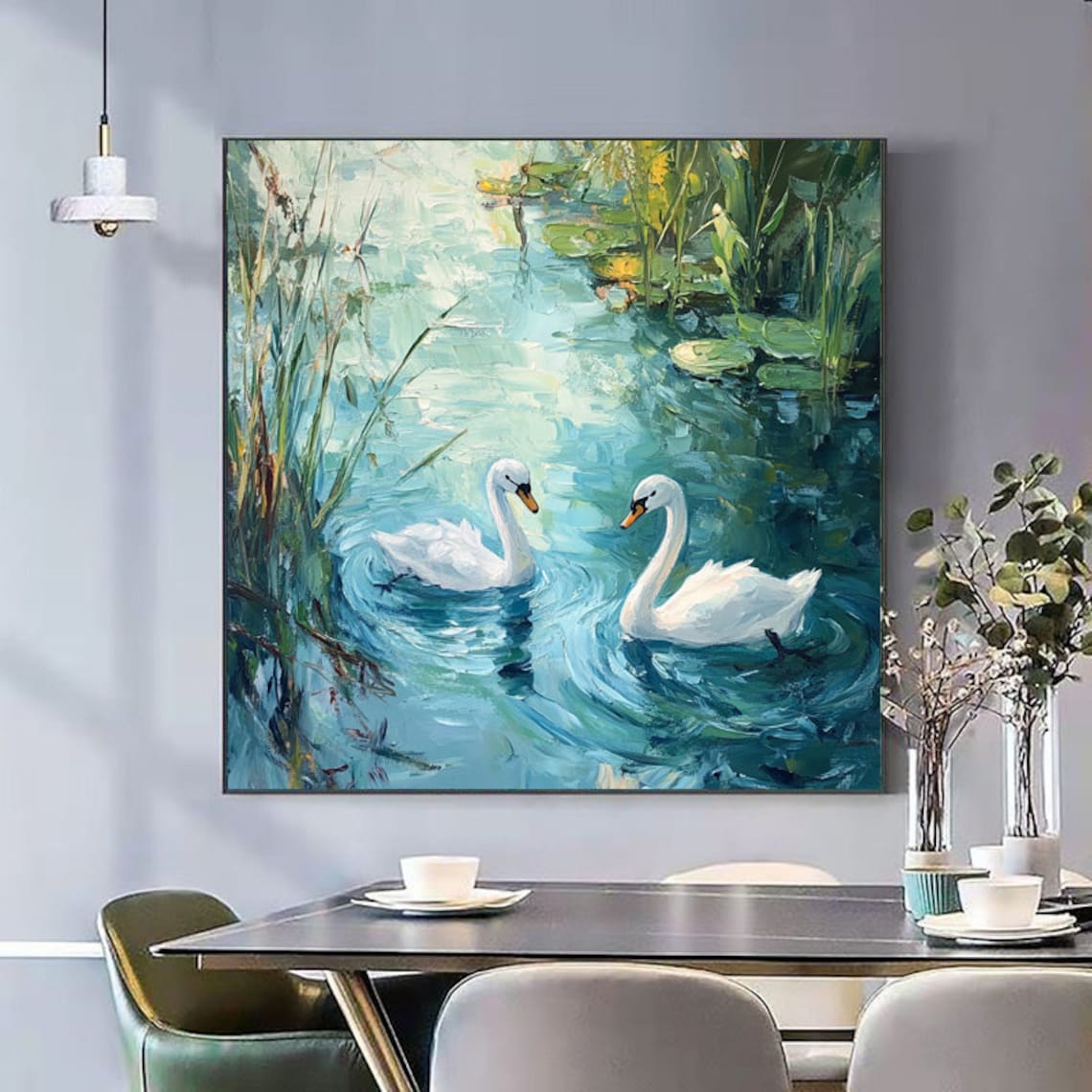 Swans With Water Plants, Abstract Oil Painting