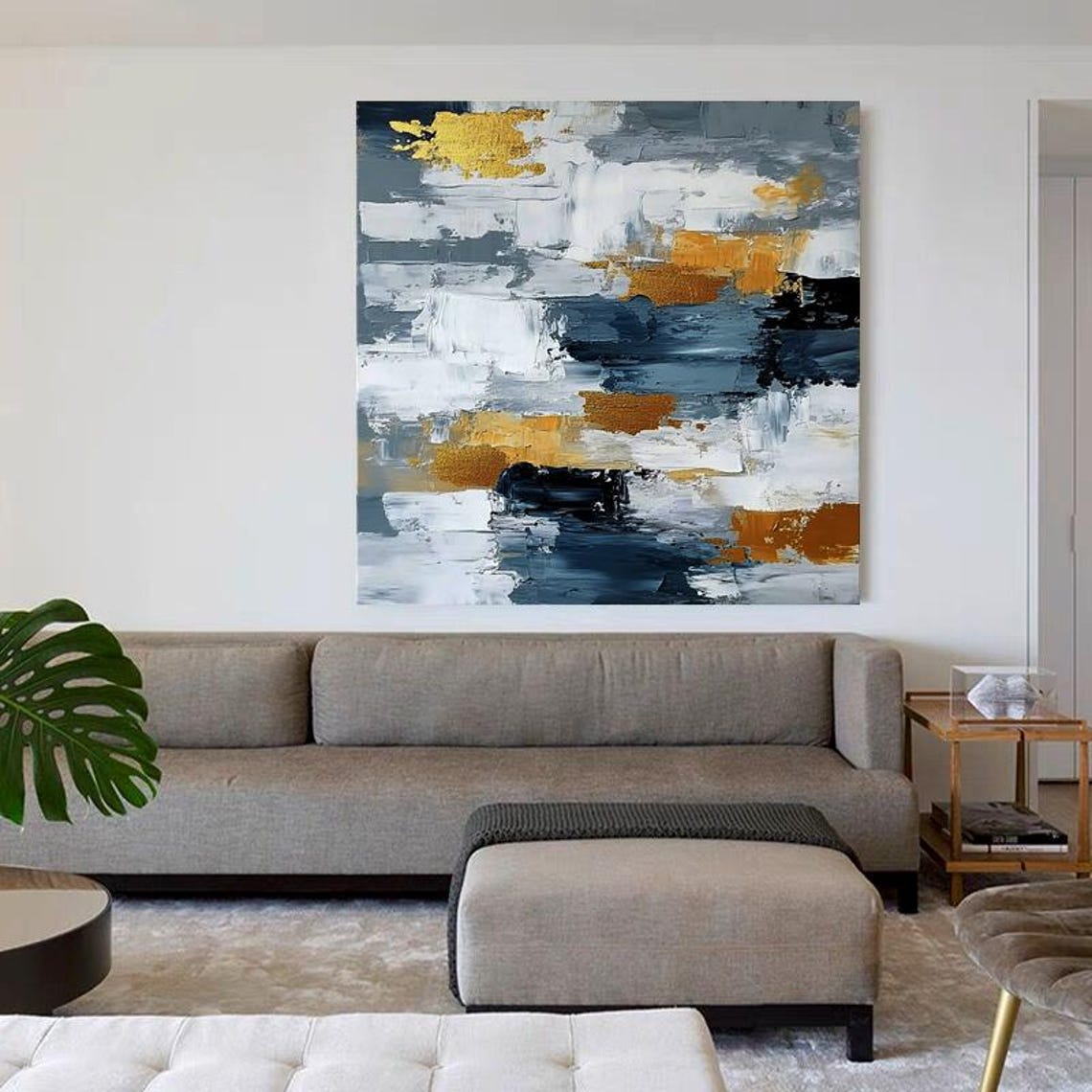 Elegant Grey White and Gold Modern Abstract Oil Painting Poster - Image 4